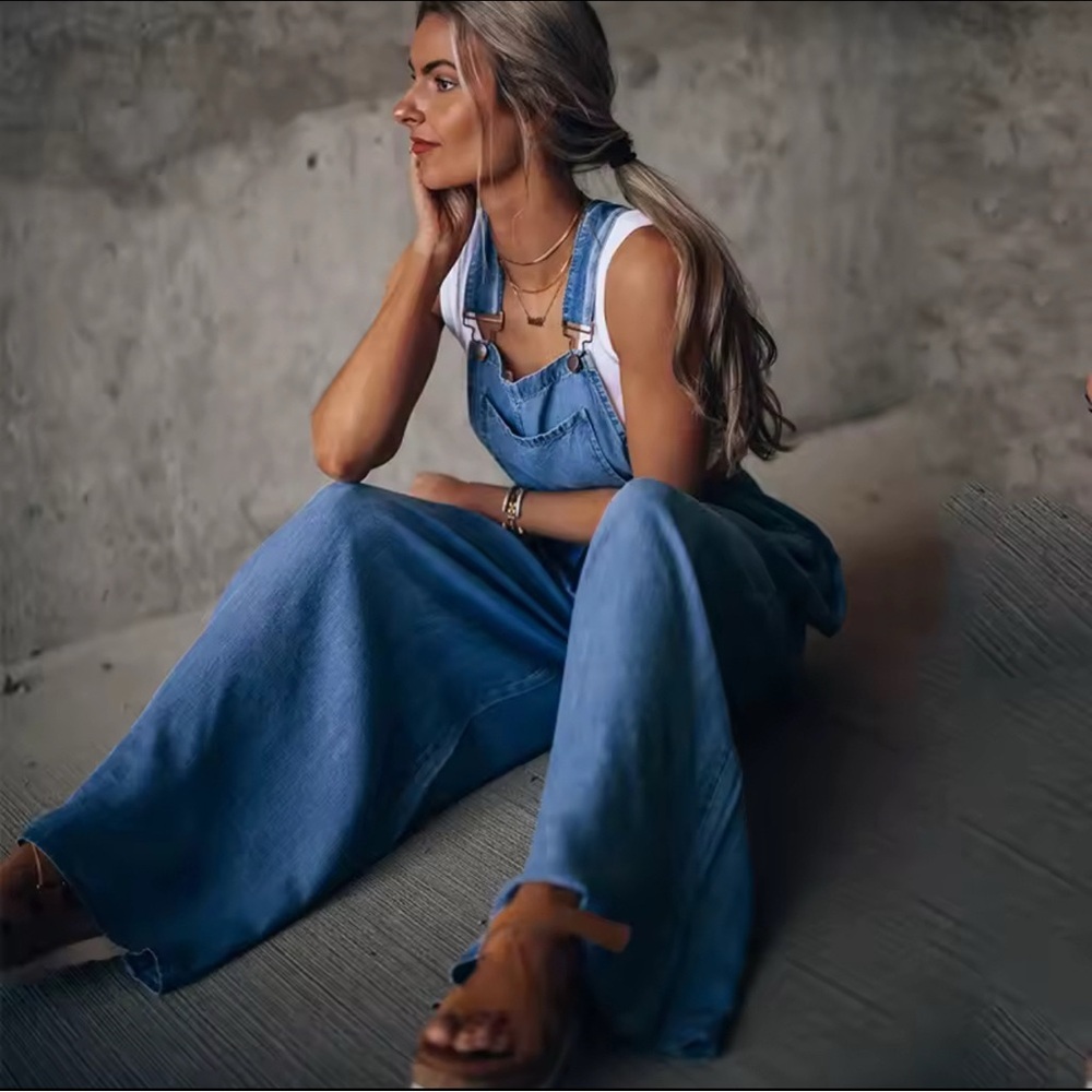 Women's Blue Denim Wide Leg Lightweight Overalls